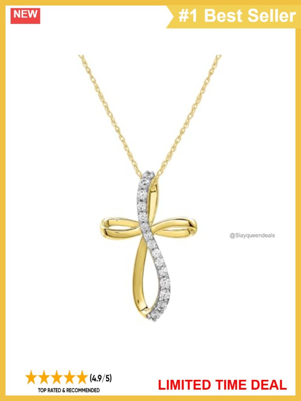 10K Yellow Gold Cross Pendant Necklace 1/4 Carat Diamond 18" Rope Chain